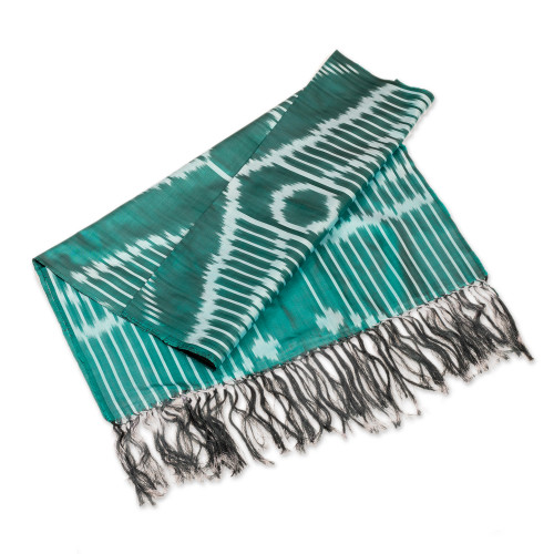 Handwoven Traditional Patterned Green Silk Shawl 'Uzbekistan Waterfall in Green'