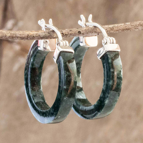 Guatemalan Dark Green Jade Sterling Silver Hoop Earrings 'Conexion in Dark Green'