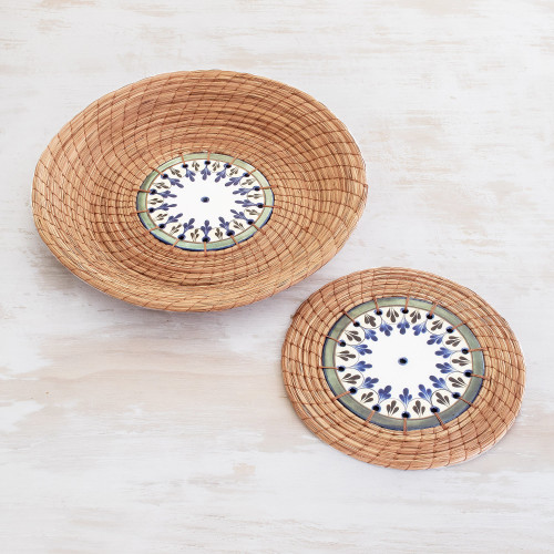 Pine Needle and Ceramic Basket and Trivet Pair 'Natural Beauty'