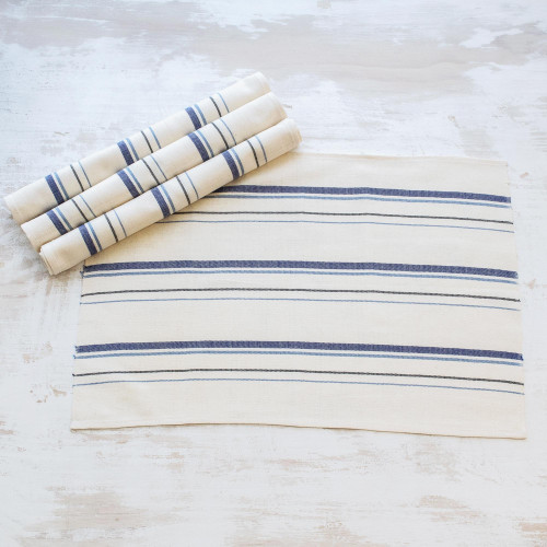 Ivory and Blue All Cotton Placemats Set of 4 'Individualist in Blue'