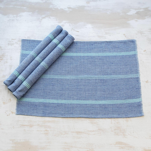 Hand Woven Blue Cotton Placemats Set of 4 'Celestial Stripes'