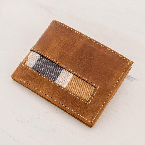 Bifold Wallet in Brown Leather and Cotton 'Guatemalan Honey'