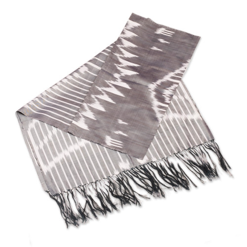 Handwoven Traditional Patterned Grey Silk Shawl 'Uzbekistan Waterfall in Grey'