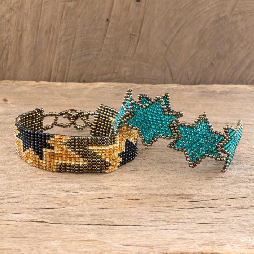 2 Hand Crafted Star Motif Glass Bead Friendship Bracelets 'Stars in Teal and Bronze'
