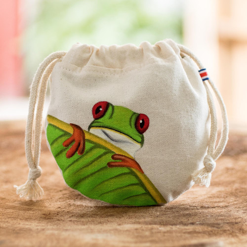 Costa Rican Hand Painted Frog Theme Cotton Drawstring Pouch 'Red-Eyed Tree Frog'