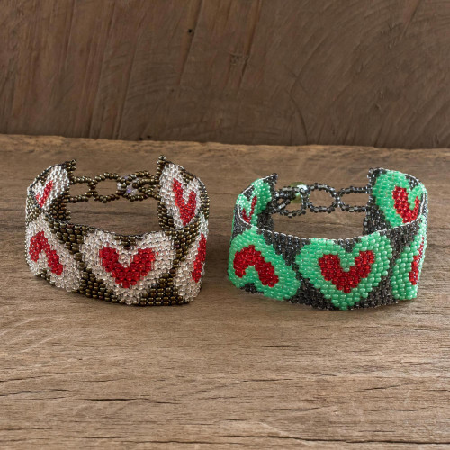 Adjustable Beaded Heart Motif Friendship Bracelets Pair 'Hearts and More Hearts'