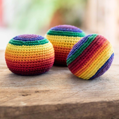 Striped Cotton Hacky Sacks Set of 3 'Rainbow Stripes'