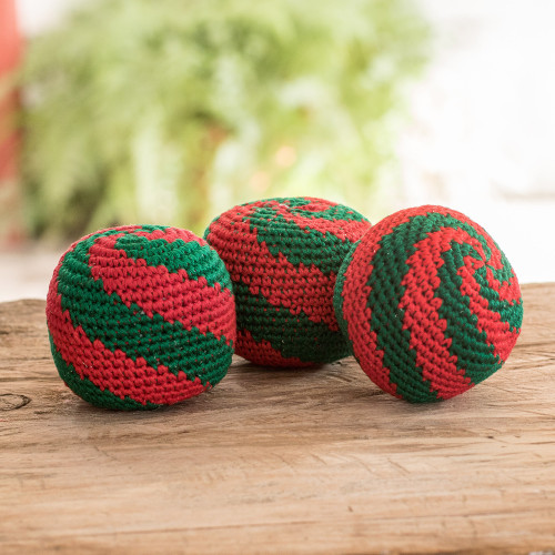 Set of 3 Handcrafted Cotton Hacky Sacks in Emerald and Red 'Emerald Fun'