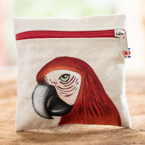 Costa Rican Hand Painted Red Macaw Cotton Coin Purse 'Wise Scarlet Macaw'