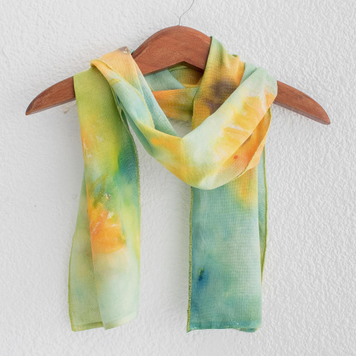 Hand-painted Floral Cotton Scarf from Costa Rica 'Sunflower'