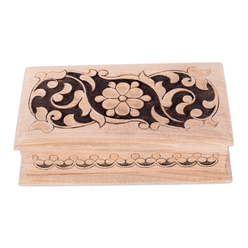 Traditional and Floral Polished Walnut Wood Jewelry Box 'Garden Jewels'