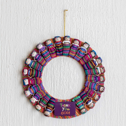 Hand-Loomed Cotton Worry Doll Wreath From Guatemala 'Thank You God'