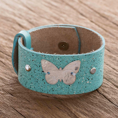 Blue Leather Wristband Bracelet with Butterfly 'Butterfly Medallion'