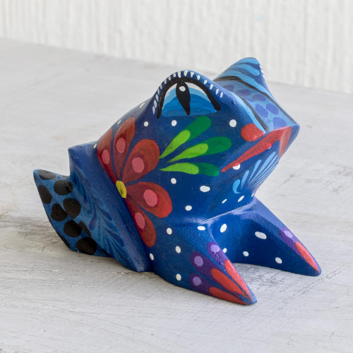 Hand Painted Blue Frog Wood Figurine 'Blue Frog'