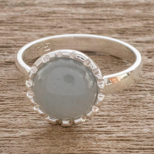 Sterling Silver Ring with a Pale Ice Green Jade Circle 'Ice Green Moon'