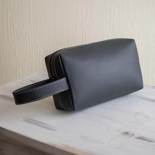 Hand Crafted Grey Leather Men's Toiletry Case 'Man of the World in Flint'
