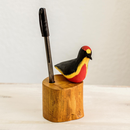 Hand Carved Red Crested Woodpecker Bird Wood Pencil Holder 'Crimson Crested Woodpecker'