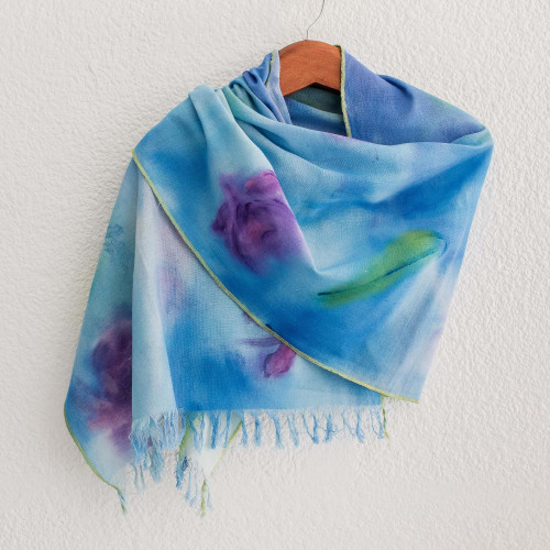 Hand-painted Floral Cotton Shawl from Costa Rica 'Midsummer Sea'