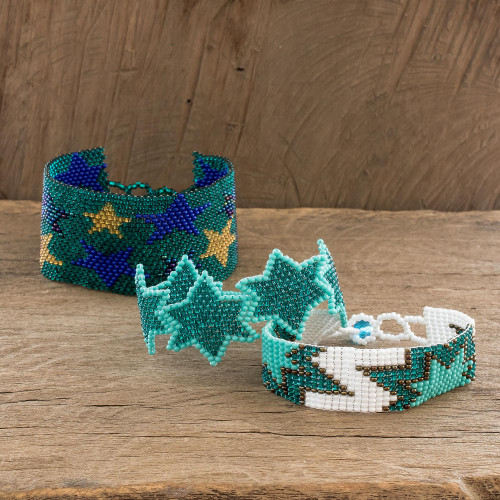 Handmade Beaded Star Friendship Bracelets in Teal Set of 3 'Stars in Teal'