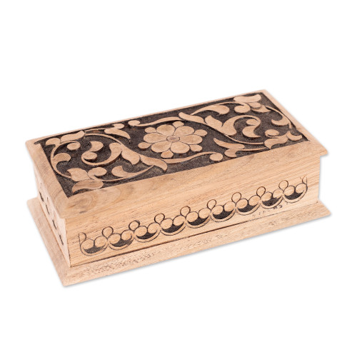 Hand-Carved Walnut Wood Jewelry Box with Arabesque Motifs 'Arabesque Flowers'