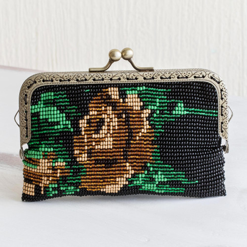 Beaded Black Clutch Handbag with Golden Rose Motif 'A Golden Rose'