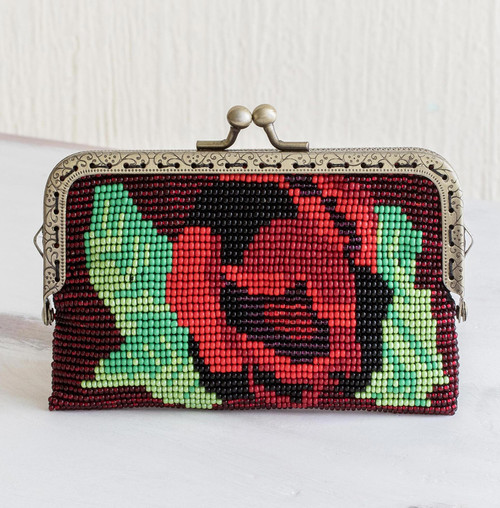 Beaded Black Clutch Handbag with Crimson Rose Motif 'A Crimson Rose'