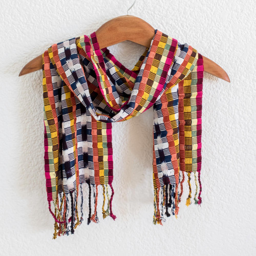 Backstrap Handwoven Colorful Cotton Scarf from Guatemala 'Happy Gumdrops'