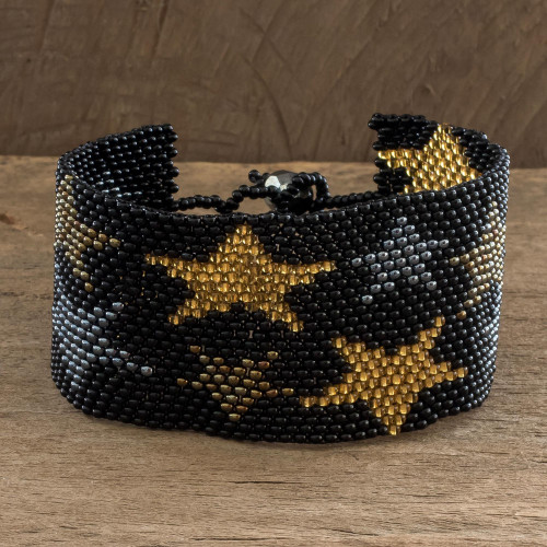 Black Star Motif Beaded Bracelet from Guatemala 'Constellation in Ebony'