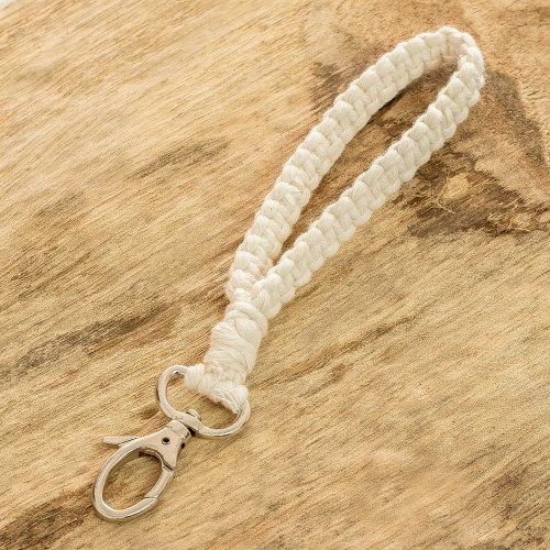 100 Cotton Macrame Strap Key Chain with Pewter Clasp 'Knotted Ivory Band'