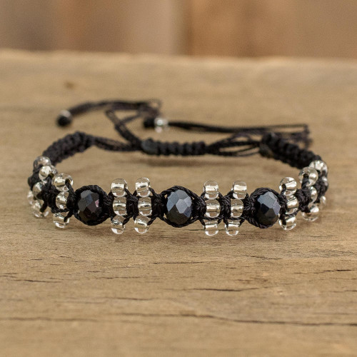 Coal Black and Clear Macrame and Crystal Beaded Bracelet 'Black on Black'