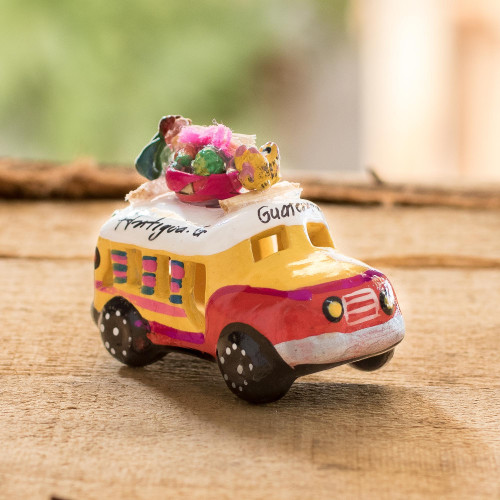 Yellow and Red Ceramic Mini Bus Figurine from Guatemala 'Petite Old Time Market Bus'