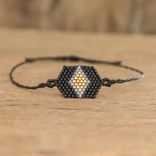 Black Unisex Glass Beaded Diamond Patterned Bracelet 'Black and Gold Diamond'