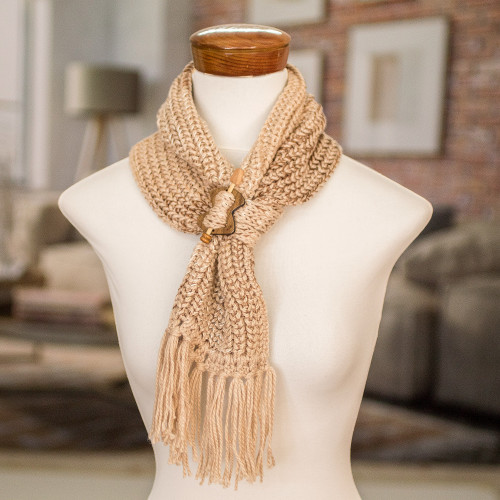 Nutmeg Brown and Beige Knit Scarf with Wood Clip 'Costa Rican Nutmeg'