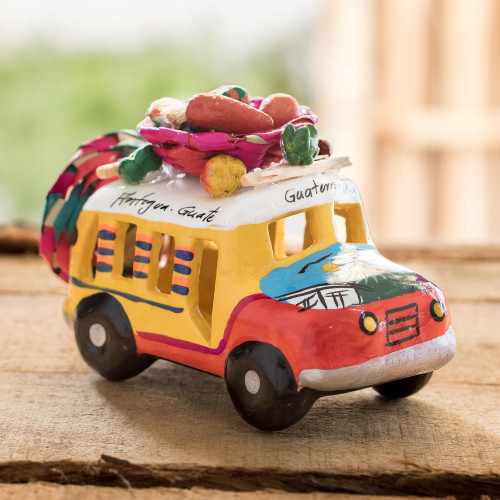 Red and Yellow Ceramic Mini Bus Figurine from Guatemala 'Red and Yellow Old Time Bus'