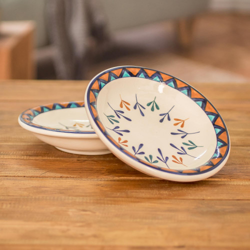 Ceramic Hand Painted Bowls with Geometric Design Pair 'Antigua Breeze'