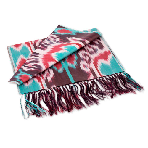 Handwoven Silk Scarf with Fringes and a Bright Palette 'Serene Samarkand'