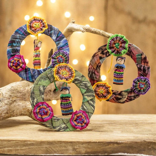 Guatemalan Set of 3 Handcrafted Cotton Doll Ornaments 'Joyful Friends'