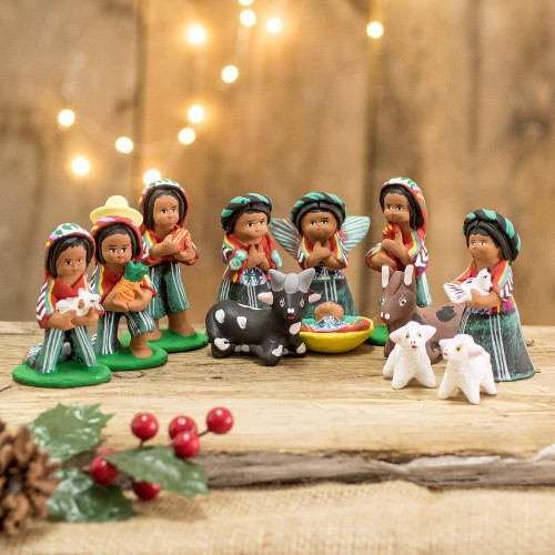 Traditional Guatemalan Ceramic Nativity Scene 12 Pieces 'Christmas in Santa Catalina'