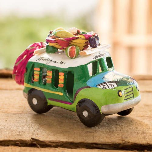 Two Tone Green Ceramic Bus Figurine from Guatemala 'Green Old Time Bus'