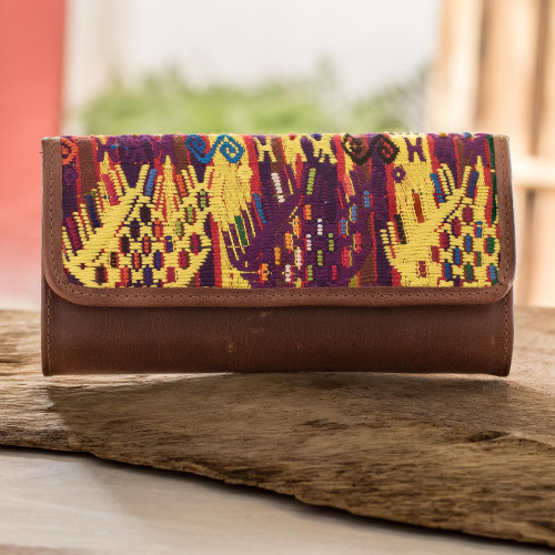 Brown Leather Tri-Fold Wallet with Mayan Design Cloth 'Multicolor Huipil'