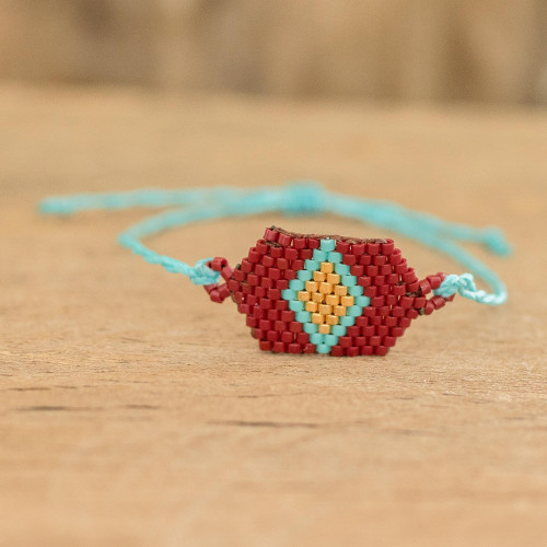 Red and Blue Unisex Glass Beaded Diamond Patterned Bracelet 'Russet and Blue Diamond'
