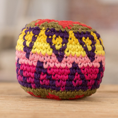 Handknit Multicolor Cotton Hacky Sack from Guatemala 'Geometric Mix'