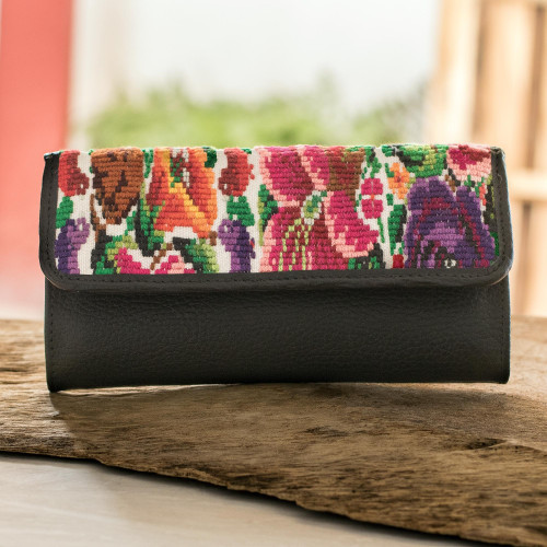 Black Leather Tri-Fold Wallet with Floral Design Cloth 'Flower Huipil'