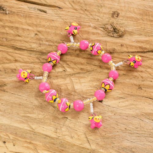 Handcrafted Ceramic Beaded Stretch Bracelet in Pink 'Little Pink Pigs'