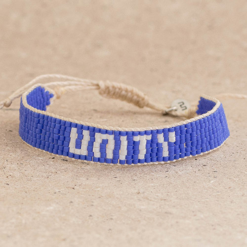 Blue and White Glass Bead Woven Bracelet with Sliding Knot 'Unity in Blue'