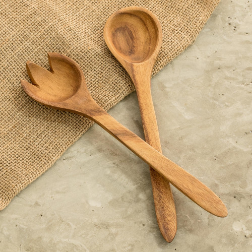 Artisan Crafted Teak Salad Servers Pair 'Fresh Salad'