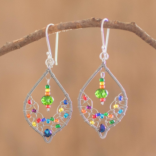 Beaded and Filigree Beaded Dangle Earrings With Silver Hooks 'Crystal Leaf'