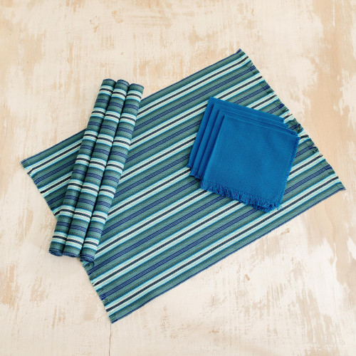 Handwoven Guatemalan Cotton Placemats  Napkins set for 4 'Sandy Shore'