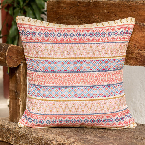 Multicolor Cotton Cushion Cover Handloomed in Guatemala 'Strawberry Imagination'