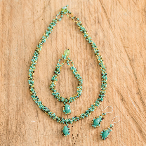 Beaded Pendant Necklace Earrings and Bracelet Jewelry Set 'Finesse in Aqua'